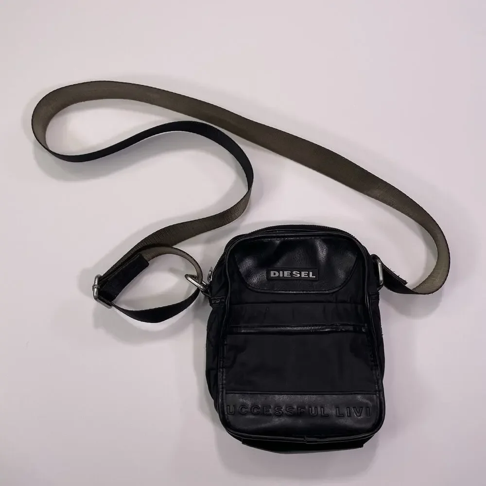 Vtg Diesel Bag Messenger Shoulder Crossbody Satchel Leather Black Y2K Mens
